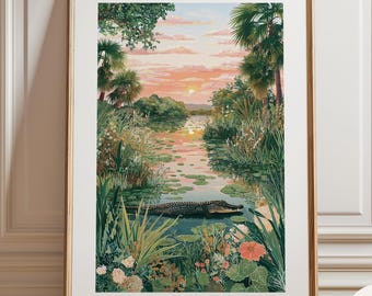 Everglades National Park Poster, Florida Wetland Wall Art, Alligator Landscape Print, Tropical Nature Decor, Sunset River Illustration
