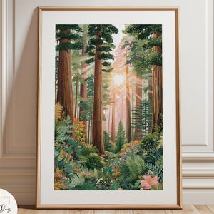 May include: A framed art print depicting a sunlit forest scene. Tall, brown-trunked trees dominate the composition, with green foliage and a variety of plants in the foreground. The artwork is in a wooden frame and leans against a white wall.