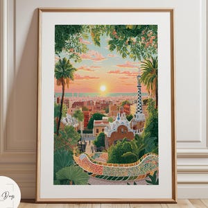Pode incluir: Impress&atilde;o art&iacute;stica emoldurada retratando um p&ocirc;r do sol sobre uma cidade, possivelmente Barcelona. A obra apresenta um c&eacute;u vibrante com tons rosa e laranja, palmeiras e detalhes arquitet&ocirc;nicos. A impress&atilde;o est&aacute; em uma moldura de madeira.