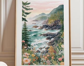 Arte mural de Tofino, impresión costera de la isla de Vancouver, póster de paisaje del noroeste del Pacífico, ilustración del océano salvaje, decoración mural de naturaleza canadiense