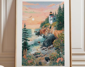 Acadia National Park Poster, Bass Harbor Head Lighthouse, Maine Coastal Wall Art, Sunset Ocean Landscape, Travel Poster Decor, NP Print