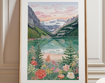 Póster del Parque Nacional Banff, Arte de pared del lago Louise, Lámina de lago de montaña, Paisaje de las Montañas Rocosas canadienses, Decoración de agua turquesa, Arte de parques nacionales