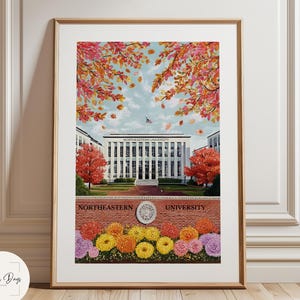Boston Campus Autumn Wall Art, Boston Poster for Students & Alumni, College Illustration Gift, Fall Northeastern University Krentzman Quad