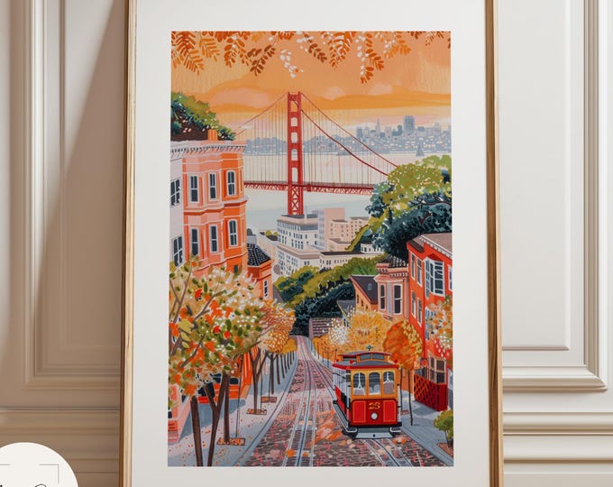 San Francisco Wall Art, Golden Gate Bridge Cable Car Illustration, Whimsical Gouache Travel Poster, City Lovers Decor, California Wall Art
