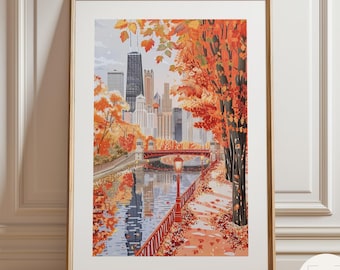 Chicago in Fall Wall Art, Cozy Autumn City Poster with Trees, Skyline & Riverwalk, Gouache Print in Warm Tones, Windy City Decor