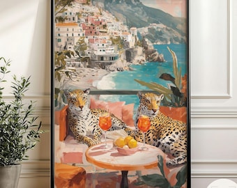 Amalfi Coast Leopard Wall Art, Italy Travel Poster, Aperol Spritz Decor, Funny Animal Art, Positano Mediterranean Print, Leopard Spritz