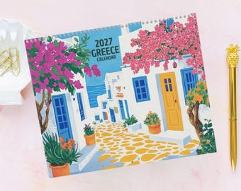 Greece Travel Calendar 2027- Wall Calendar - Monthly Calendar - 12 Month Calendar - Travel Gift -Wall Decor - Santorini Art