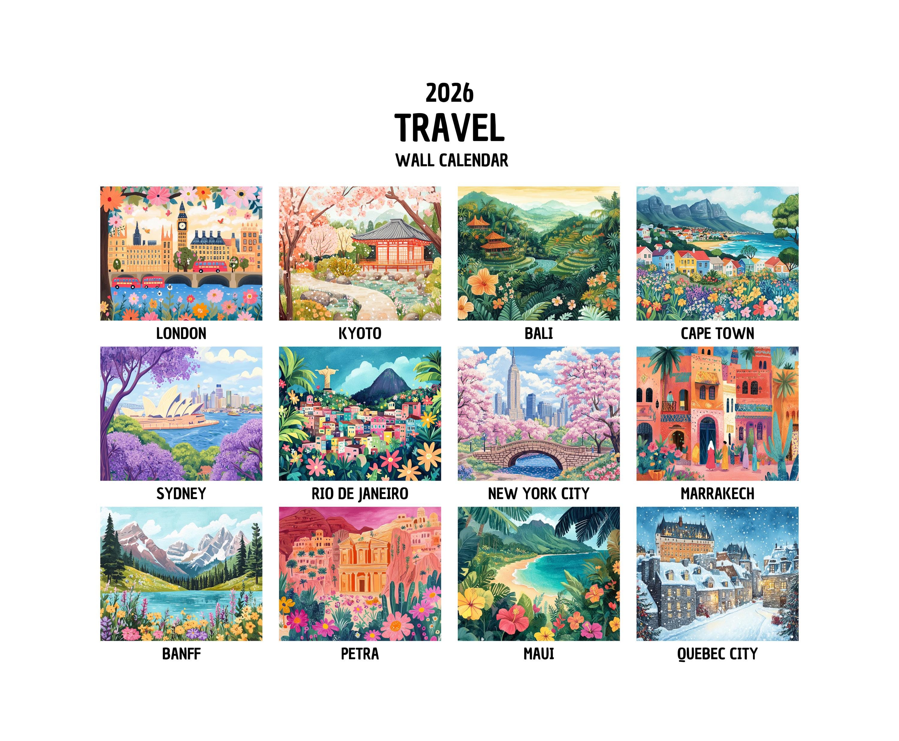 Travel Calendar 2026/2027 - Illustrated 12 Month Travel Wall Calendar ...