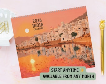 2026/2027 India Travel Calendar - Illustrated Wall Calendar with Landmarks & Landscapes - Whimsical India Art Print - Cultural Gift Idea