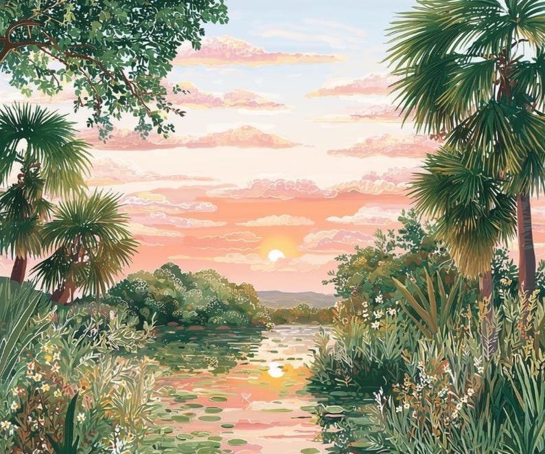 Puede incluir: Una pintura de paisaje serena representa una puesta de sol sobre una tranquila masa de agua. Palmeras y exuberante vegetaci&oacute;n enmarcan la escena, con el sol proyectando un c&aacute;lido resplandor sobre el agua y las nubes. La obra evoca tranquilidad.