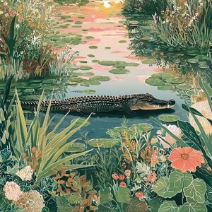 Puede incluir: Ilustraci&oacute;n de una serena escena de pantano con un caim&aacute;n en el agua. La obra de arte presenta exuberante vegetaci&oacute;n, nen&uacute;fares y flores coloridas. El cielo tiene un suave tono rosa y naranja, sugiriendo una puesta de sol.
