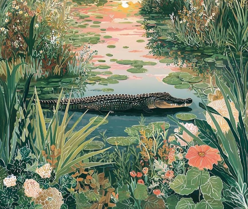 Puede incluir: Ilustraci&oacute;n de una serena escena de pantano con un caim&aacute;n en el agua. La obra de arte presenta exuberante vegetaci&oacute;n, nen&uacute;fares y flores coloridas. El cielo tiene un suave tono rosa y naranja, sugiriendo una puesta de sol.