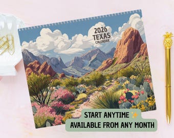 Texas Reisekalender 2026/2027, Illustrierter Wandkalender, Texas Wandkunst, Geschenk für Texaner, Texas Liebhaber, USA Kalender, Texas Wandkunst