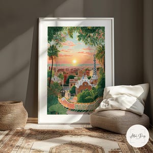 Pode incluir: Uma impress&atilde;o art&iacute;stica emoldurada de um p&ocirc;r do sol sobre uma cidade, apresentando um parque com bancos de mosaicos coloridos e uma torre alta. A obra de arte &eacute; emoldurada em branco e colocada contra uma parede neutra, com uma cesta tecida e um tapete estampado em primeiro plano.