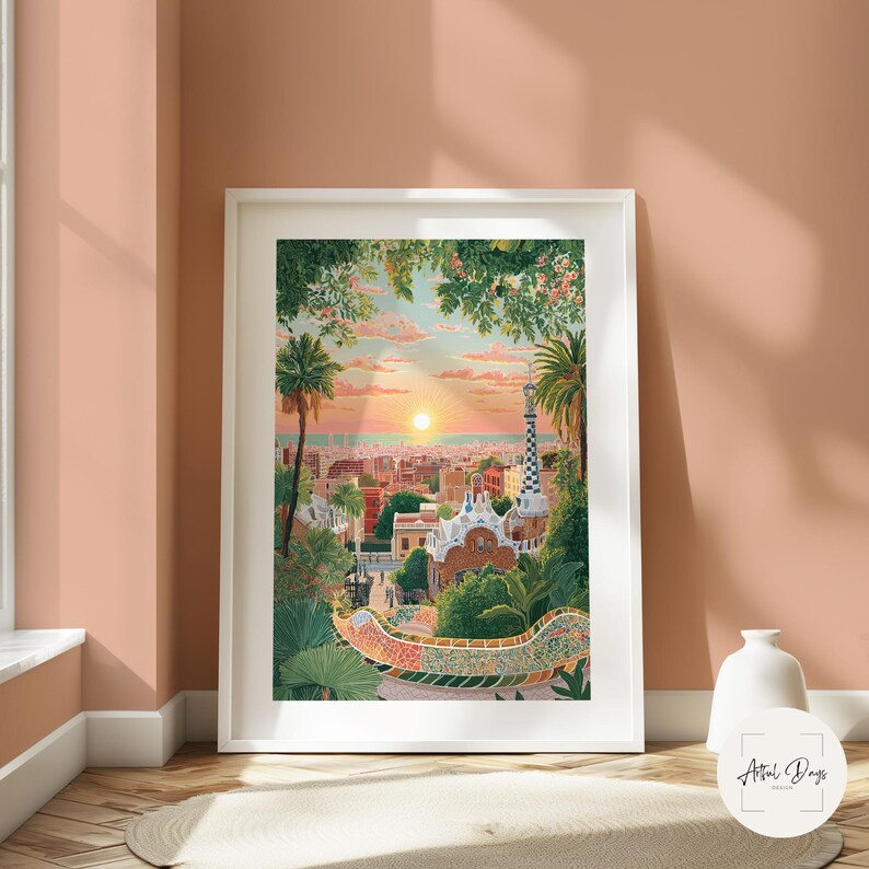 Pode incluir: Uma impress&atilde;o de arte emoldurada com uma cena urbana ao p&ocirc;r do sol. A obra de arte mostra palmeiras, edif&iacute;cios e um banco de mosaicos. A impress&atilde;o est&aacute; em uma moldura branca, contra uma parede cor de p&ecirc;ssego.