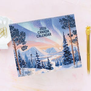 Calendario di viaggio del Canada 2026, calendario da parete illustrato / stampe artistiche a guazzo fantasiose dei monumenti e della natura del Canada, pianificatore mensile, casa