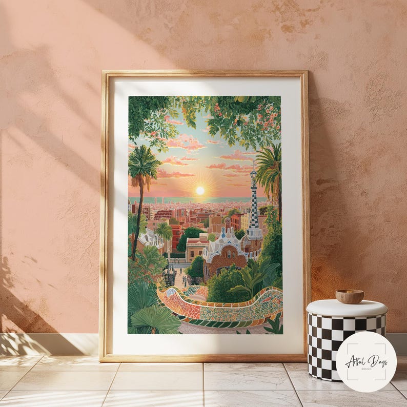 Pode incluir: Impress&atilde;o art&iacute;stica emoldurada com uma vibrante paisagem urbana ao p&ocirc;r do sol. A obra de arte apresenta um colorido banco de mosaicos, palmeiras e edif&iacute;cios, tudo emoldurado por uma vegeta&ccedil;&atilde;o exuberante. O c&eacute;u transita do rosa para o laranja, com o sol se pondo sobre a cidade.
