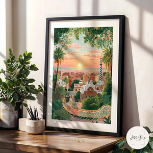 Pode incluir: Impress&atilde;o art&iacute;stica emoldurada com um p&ocirc;r do sol sobre uma cidade, com palmeiras e edif&iacute;cios. A obra de arte apresenta um banco de mosaicos e uma torre xadrez, tudo emoldurado em preto.