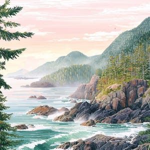 May include: Coastal landscape painting featuring a rocky shoreline with crashing waves. Green trees and mountains rise in the background under a pink and blue sky. The artwork evokes a sense of tranquility and natural beauty.