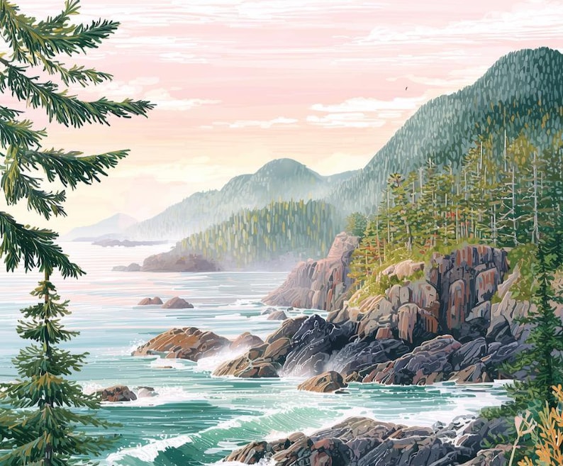 May include: Coastal landscape painting featuring a rocky shoreline with crashing waves. Green trees and mountains rise in the background under a pink and blue sky. The artwork evokes a sense of tranquility and natural beauty.