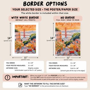 May include: An informational graphic titled BORDER OPTIONS showing two 11 by 14 inch poster examples of a San Francisco street scene with a cable car and the Golden Gate Bridge. One version includes a white border, the other is edge to edge.