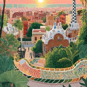 Pode incluir: Ilustra&ccedil;&atilde;o art&iacute;stica do Park G&uuml;ell em Barcelona, Espanha, com bancos de mosaicos coloridos, estruturas arquitet&ocirc;nicas &uacute;nicas e um cen&aacute;rio urbano ao p&ocirc;r do sol. A obra de arte mostra o design caprichoso e a atmosfera vibrante do parque.