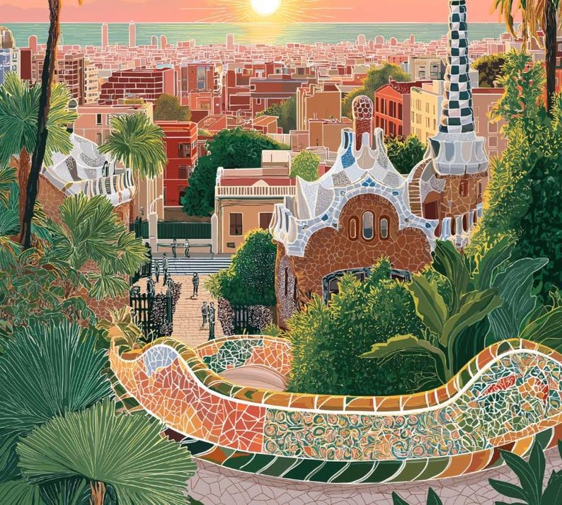 Pode incluir: Ilustra&ccedil;&atilde;o art&iacute;stica do Park G&uuml;ell em Barcelona, Espanha, com bancos de mosaicos coloridos, estruturas arquitet&ocirc;nicas &uacute;nicas e um cen&aacute;rio urbano ao p&ocirc;r do sol. A obra de arte mostra o design caprichoso e a atmosfera vibrante do parque.