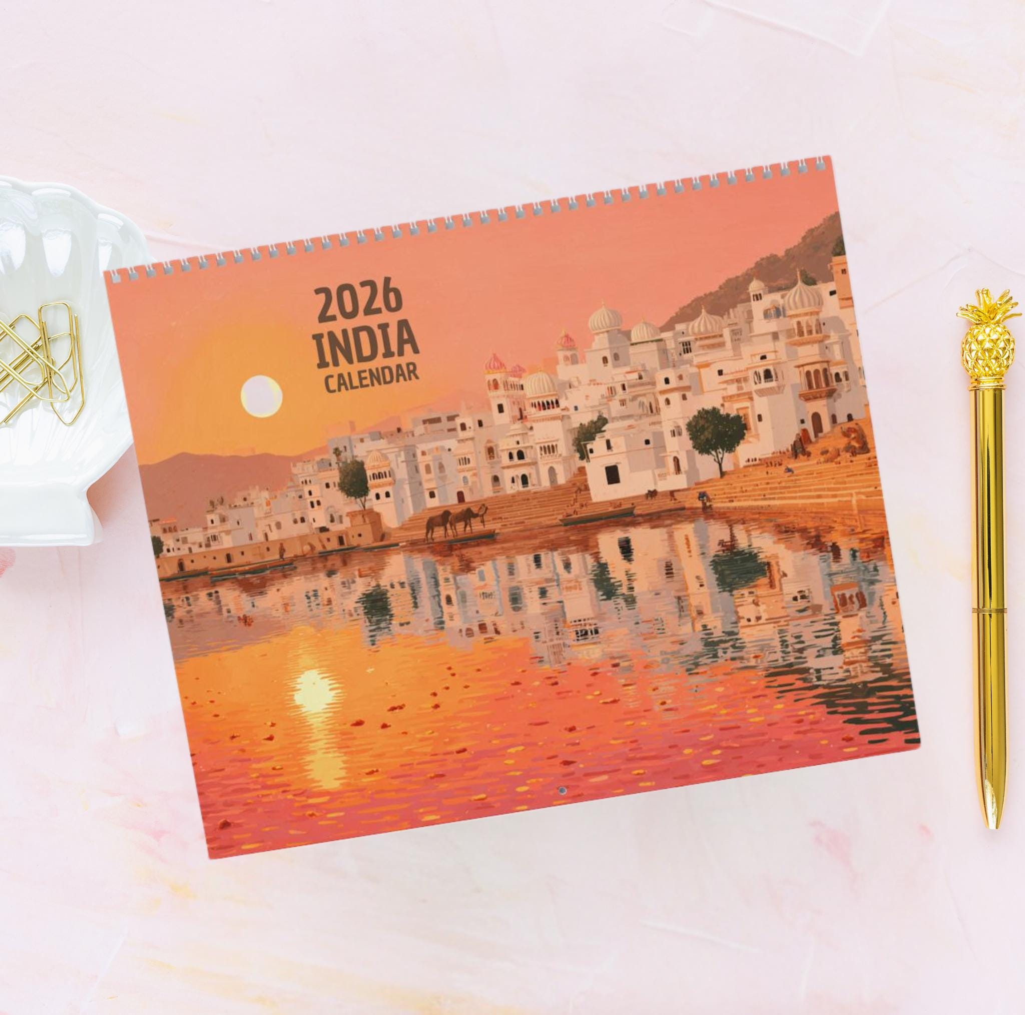 2026年インド旅行カレンダー - ランドマークと風景のイラスト入り