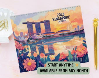 Singapore 2026/2027 Calendar - Travel Calendar - Monthly Calendar - Travel Wall Calendar - 12 Month Calendar - Travel Gift - Merlion Park