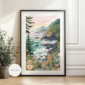 May include: Framed art print of a coastal landscape. The artwork depicts a vibrant scene of a rocky shoreline with crashing waves, lush green mountains, and colorful wildflowers. The sky transitions from pink to yellow.
