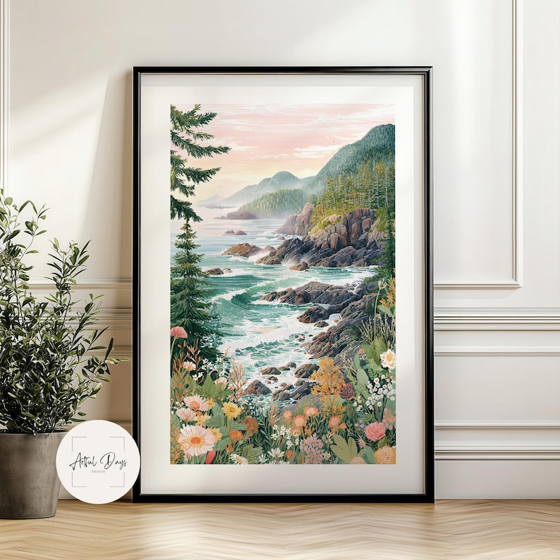 May include: Framed art print of a coastal landscape. The artwork depicts a vibrant scene of a rocky shoreline with crashing waves, lush green mountains, and colorful wildflowers. The sky transitions from pink to yellow.