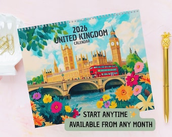 2026/2027 United Kingdom Travel Wall Calendar, Illustrated UK Calendar, Whimsical British Landmarks, Cultural & Travel Gift Idea, London Art