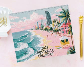 Australia Travel Wall Calendar 2027 - Illustrated Gouache Landmarks & Nature Art, Aussie Gift Idea, Yearly Planner, Home Office Calendar