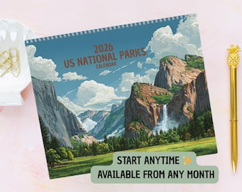 May include: A 2026 US National Parks calendar with a scenic landscape illustration of mountains, waterfalls, and trees under a blue sky. The calendar is spiral-bound and features the text "Start Anytime, Available From Any Month."