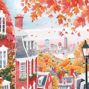 May include: Watercolor illustration of a cityscape in autumn. Red brick buildings with white trim and gray roofs are surrounded by trees with orange and red leaves. A city skyline is visible in the background.