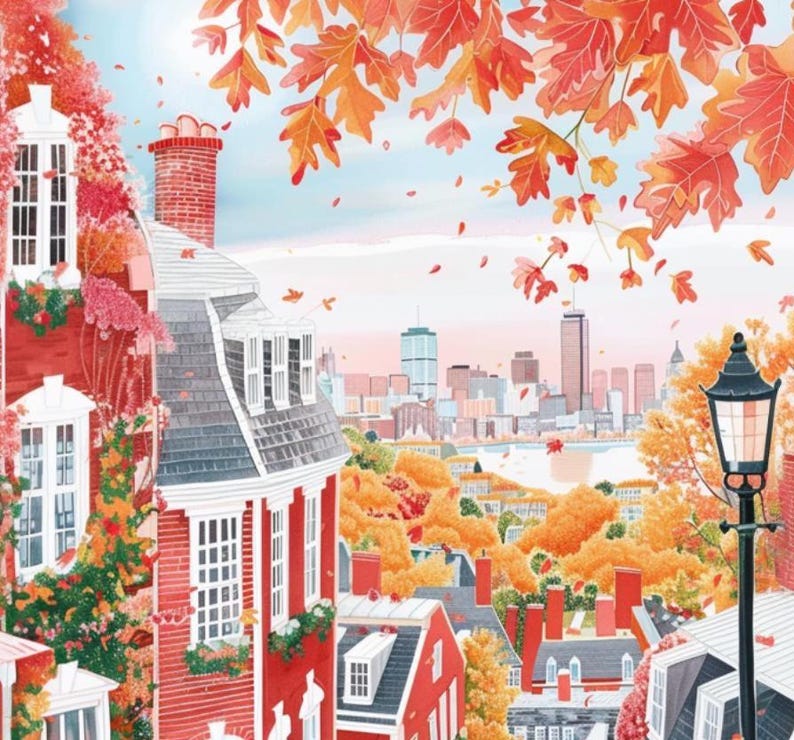 May include: Watercolor illustration of a cityscape in autumn. Red brick buildings with white trim and gray roofs are surrounded by trees with orange and red leaves. A city skyline is visible in the background.