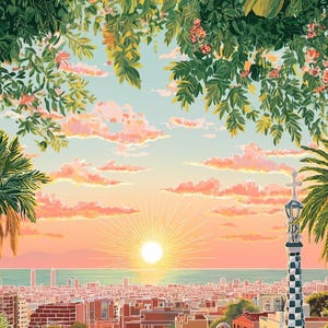 Pode incluir: Uma ilustra&ccedil;&atilde;o vibrante de uma paisagem urbana ao p&ocirc;r do sol. Palmeiras e vegeta&ccedil;&atilde;o exuberante emolduram uma vista de edif&iacute;cios, o oceano e um sol radiante. Nuvens cor-de-rosa e um c&eacute;u azul criam uma atmosfera acolhedora. Uma torre decorativa &eacute; vis&iacute;vel.