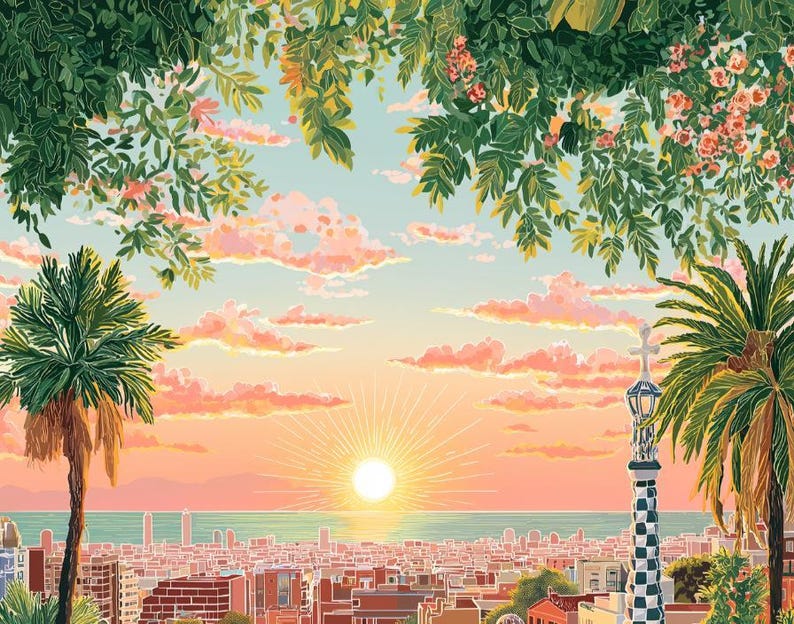 Pode incluir: Uma ilustra&ccedil;&atilde;o vibrante de uma paisagem urbana ao p&ocirc;r do sol. Palmeiras e vegeta&ccedil;&atilde;o exuberante emolduram uma vista de edif&iacute;cios, o oceano e um sol radiante. Nuvens cor-de-rosa e um c&eacute;u azul criam uma atmosfera acolhedora. Uma torre decorativa &eacute; vis&iacute;vel.