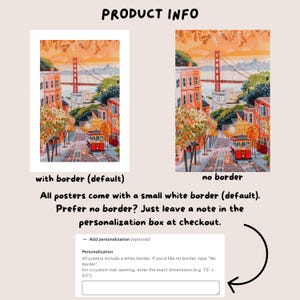 Pode incluir: Duas impress&otilde;es de arte mostrando uma cena de rua de S&atilde;o Francisco com um bonde vermelho, a Golden Gate Bridge e edif&iacute;cios. O texto diz "PRODUCT INFO" e detalhes sobre bordas e personaliza&ccedil;&atilde;o.