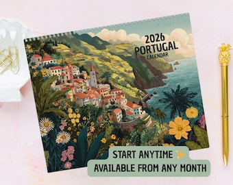 2026/2027 Portugal Travel Calendar - Illustrated Wall Calendar - Portuguese Wall Art - Whimsical Portugal Art Print - Porto - Lisbon