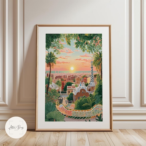 Barcelona Poster, Park Güell Barcelona Art Print, Color Gaudí Mosaic Illustration, Barcelona City Poster, Spain Travel Wall Art, Gaudi Print