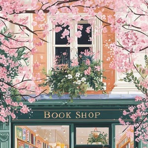 Spring Bookshop Wall Art, Cozy Floral Bookstore Illustration, Romantic ...
