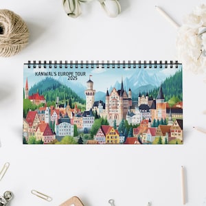 Personalisierter Europäischer Tischkalender 2025 - Wählen Sie Städte, Regionen & Cover - Personalisiertes Geschenk mit wunderlichen Reiseillustrationen - Geschenk für Mama