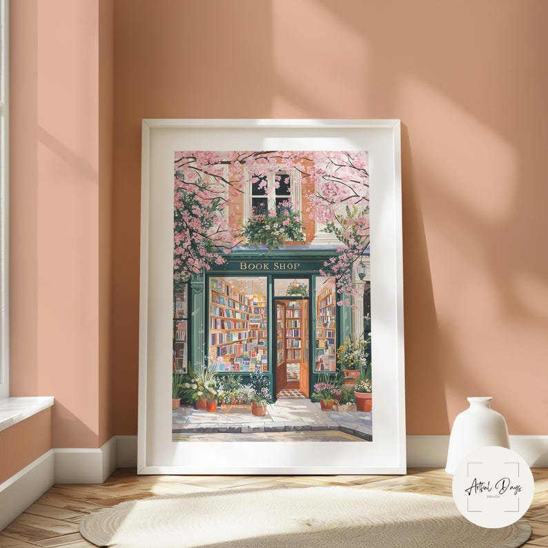 Spring Bookshop Wall Art, Cozy Floral Bookstore Illustration, Romantic ...