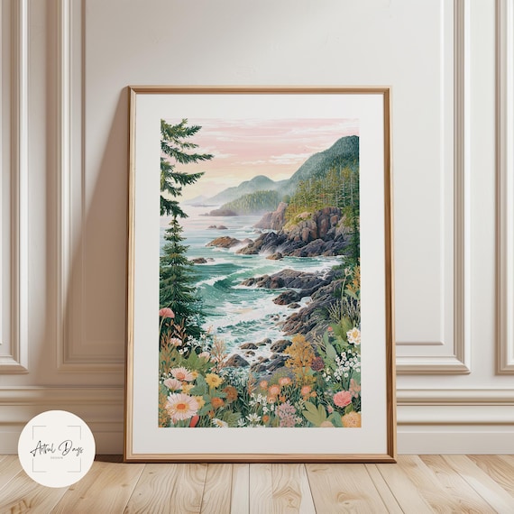 Tofino Wall Art, Vancouver Island Coastal Print, Pacific Northwest Landscape Poster, Wild Ocean Illustration, Canada Nature Wall Decor