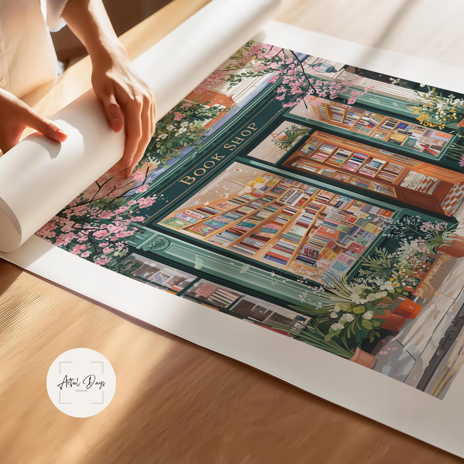 Spring Bookstore Signs Spring Bookshop Wall Art, Cozy Floral Bookstore Illustration, Romantic ...