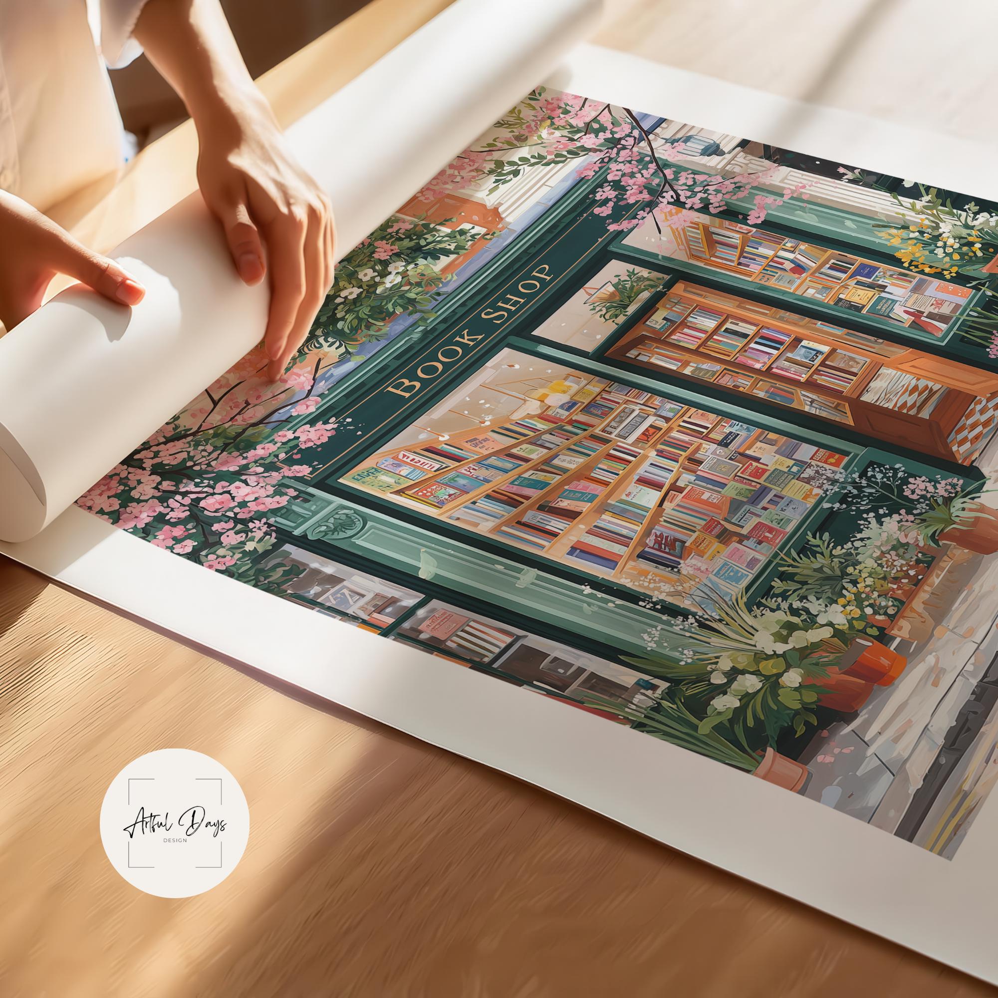 Spring Bookshop Wall Art, Cozy Floral Bookstore Illustration, Romantic ...