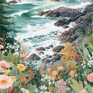 May include: A vibrant illustration of a coastal scene. Turquoise waves crash against rocky cliffs, with a foreground of colorful wildflowers in shades of pink, yellow, and white. A green pine tree stands on the left, adding depth to the landscape.