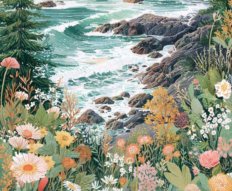May include: A vibrant illustration of a coastal scene. Turquoise waves crash against rocky cliffs, with a foreground of colorful wildflowers in shades of pink, yellow, and white. A green pine tree stands on the left, adding depth to the landscape.
