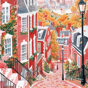 May include: An illustrated cityscape featuring red brick buildings with white window frames and black railings. The buildings are adorned with climbing plants and flowers. A cobblestone street leads down towards a distant city skyline.